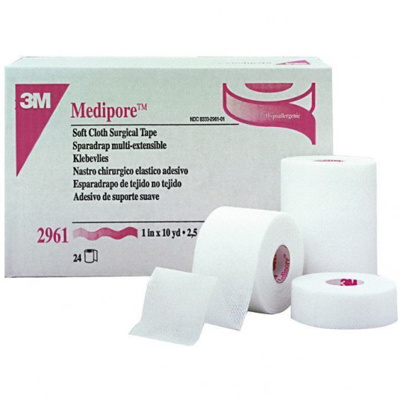 Tape - Medipore, soft-cloth surgical tape, 1" x 10 yrd, 2/pkg, 12 pkgs/box. = 24 rolls