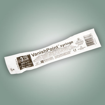 Syringe - VanishPoint safety syringe with needle, 3cc, 22g x 25mm (1"), 100/box