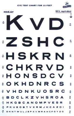Snellen Eye Chart, 10 foot test distance, one side English, one side French.