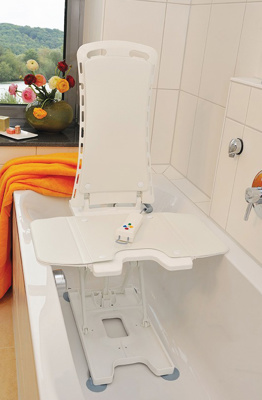 Bath Lift, battery powered provides a safe lowering and smooth rising in and out of the bathtub.
