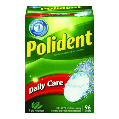 Polident Daily Care Denture Cleanser, 96 tablets per box.
