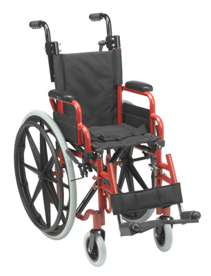 Wheelchair - 12" Pediatric, flip back desk arms, swing-away foot rests, Fire Truck Red in colour. 