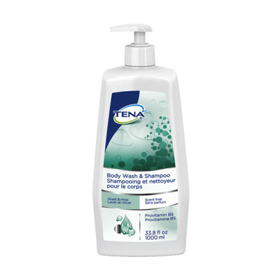 Tena Body Wash & Shampoo with Provitamin B5,  scent-free, 1,000 mL pump bottle, 8 bottles/case.